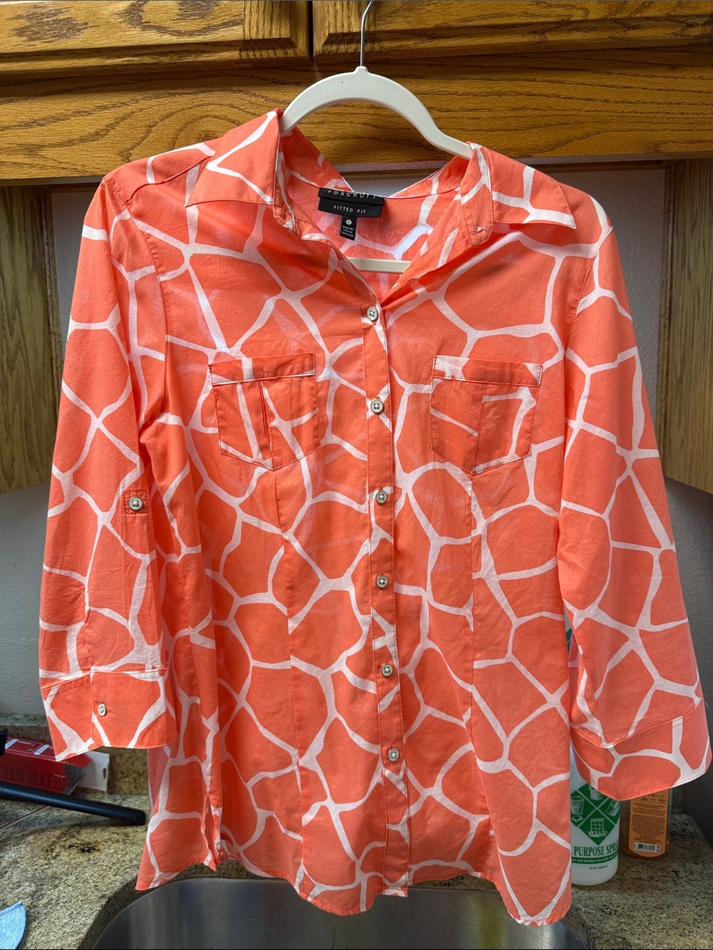Foxcroft Coral and White Patterned Girls' Button-Down Shirt